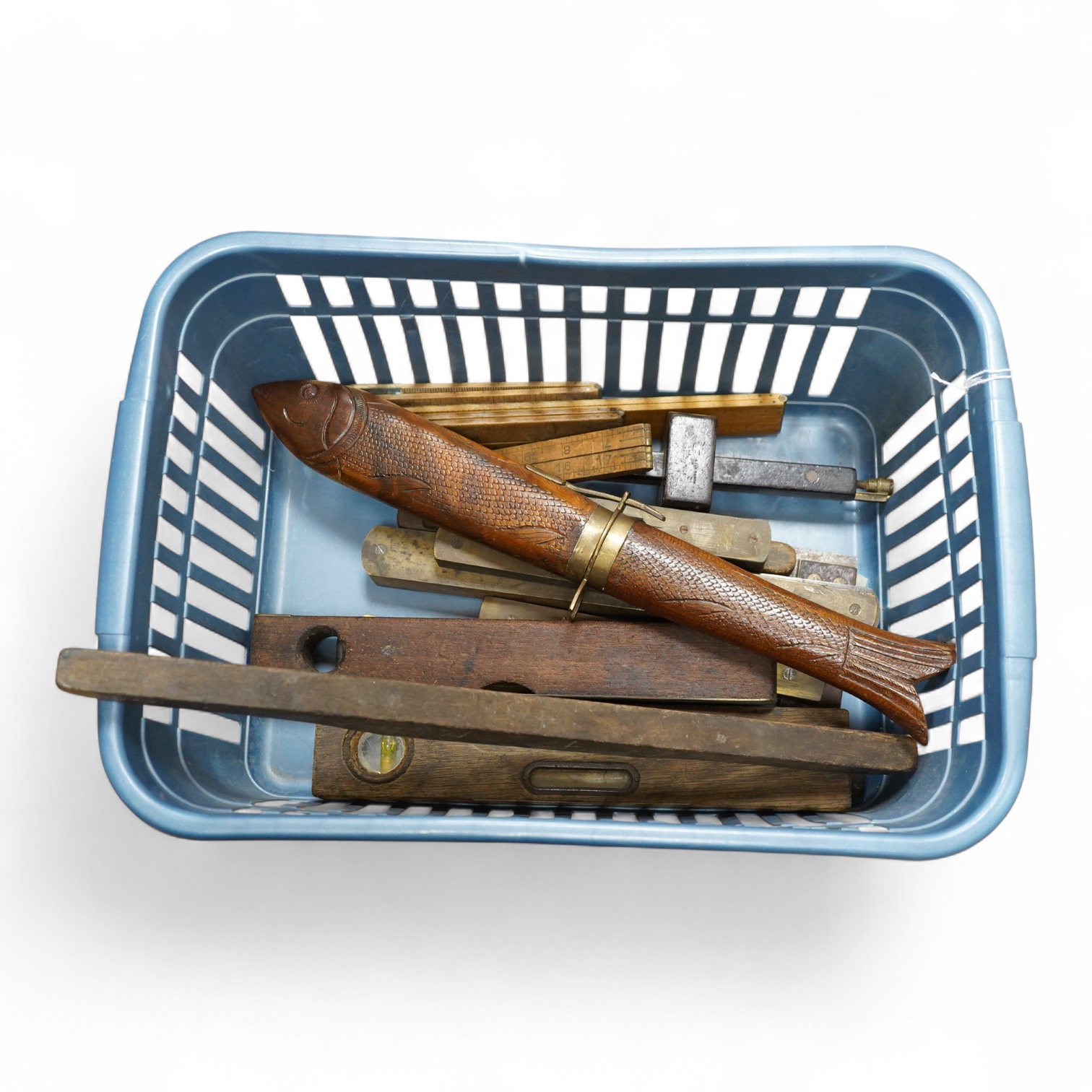 A group of levels, and an Indian knife and fork set - 43cm long